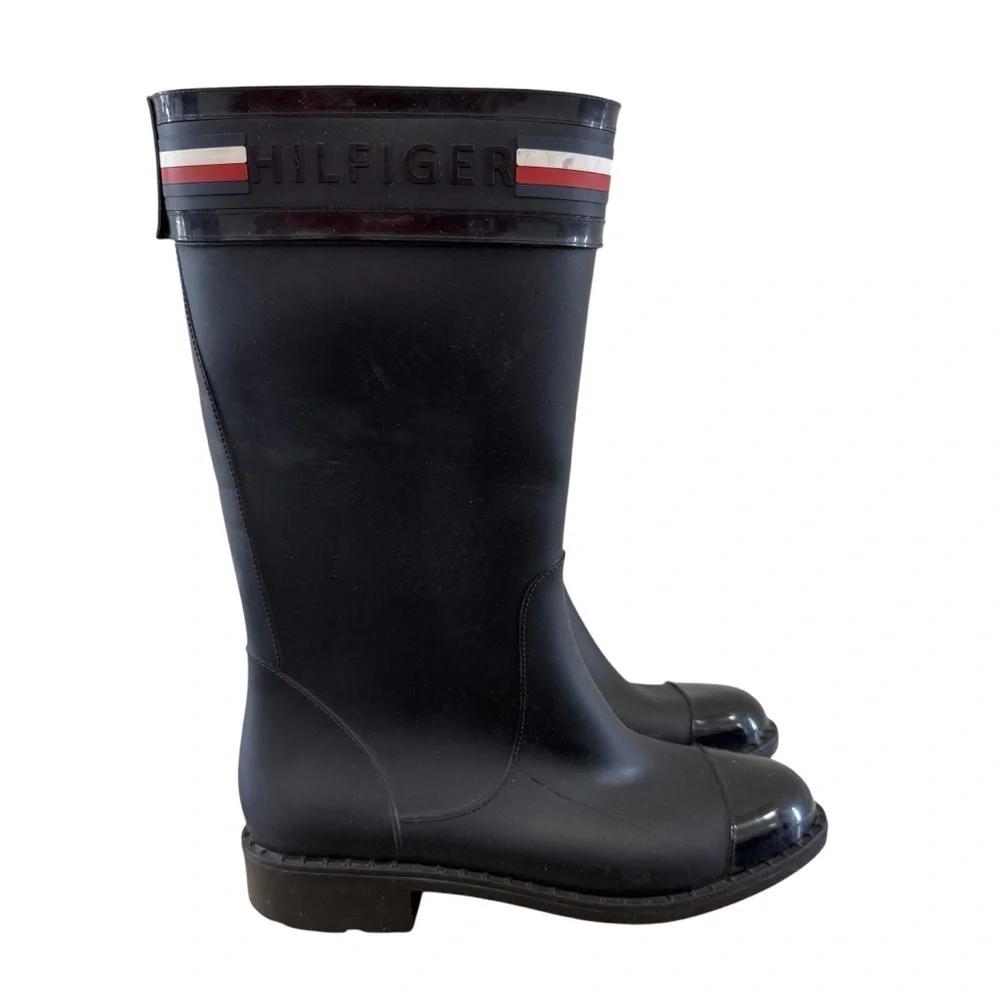 Tommy Hilfiger Black Calf Height Stripe Top Rain Boots 7